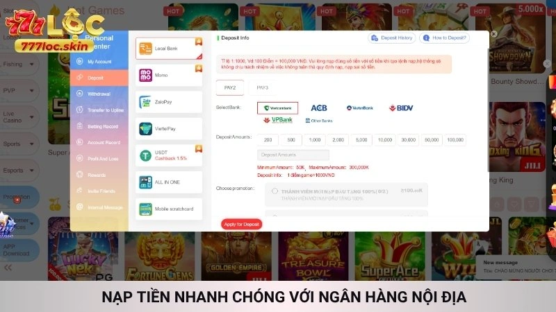 Nạp tiền nhanh chóng với ngân hàng nội địa
