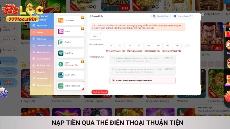 Nạp tiền qua thẻ điện thoại thuận tiện